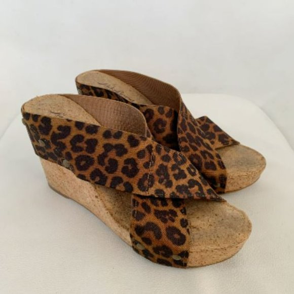 Lucky Brand Miller 2 Cork Wedge Sandals Brown Leopard Mob Wife Wedges - Picture 2 of 9
